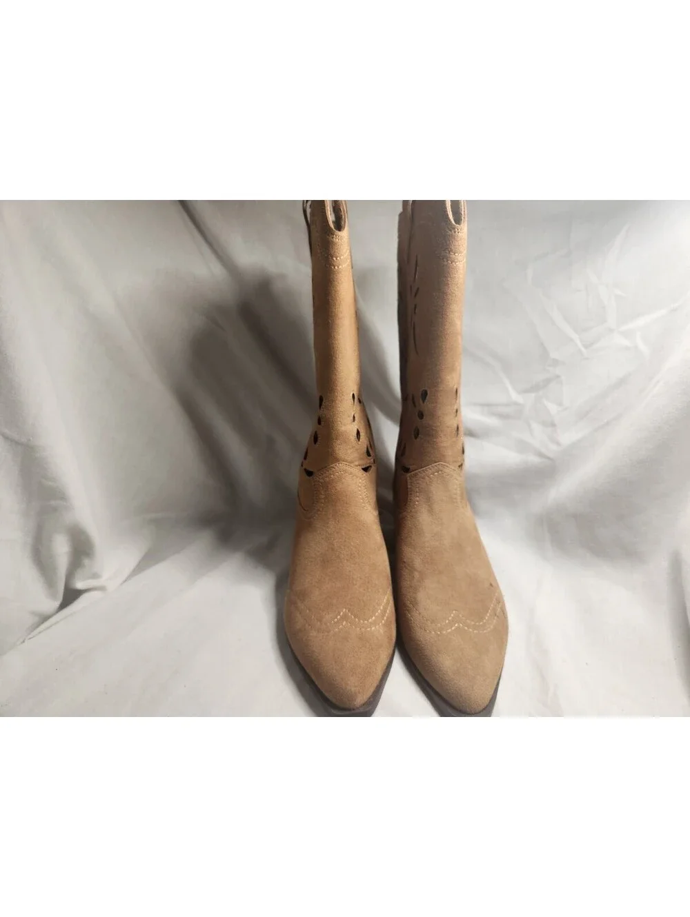 No Boundaries Women's Tan Faux Suede Western Mid-Calf Floral Cut-Out Boots 8